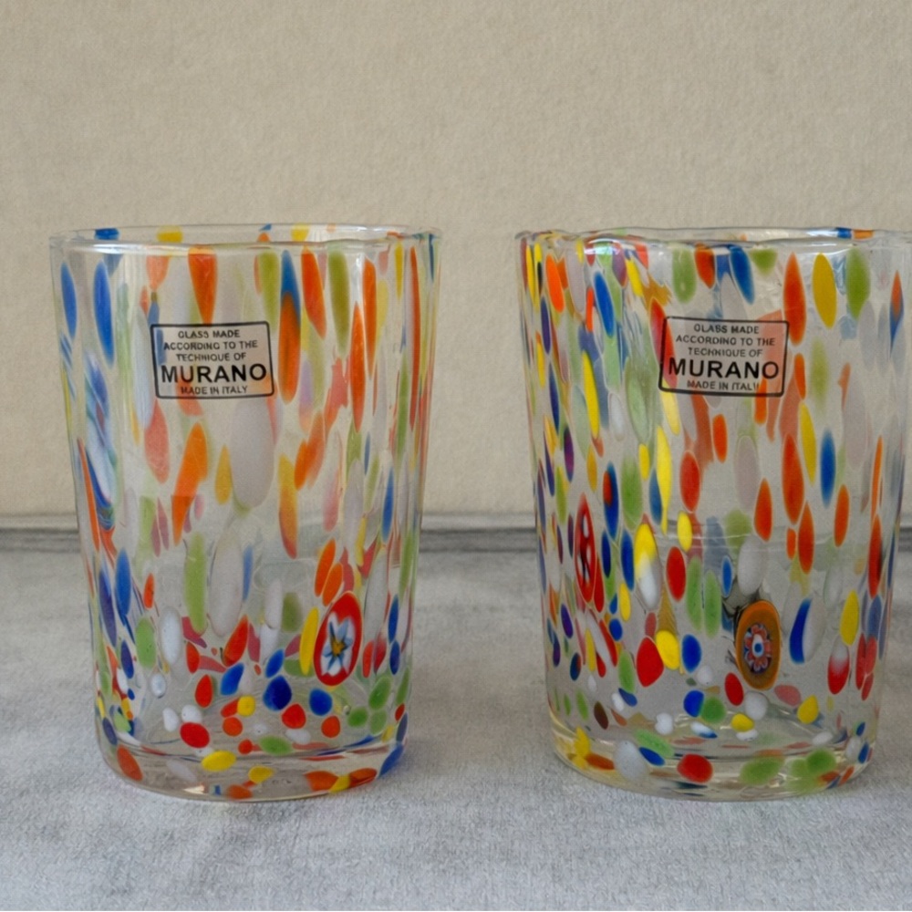 2 pc Murano Technique Drinking Glasses HandMade Tumblers Colorful Pattern Italy
